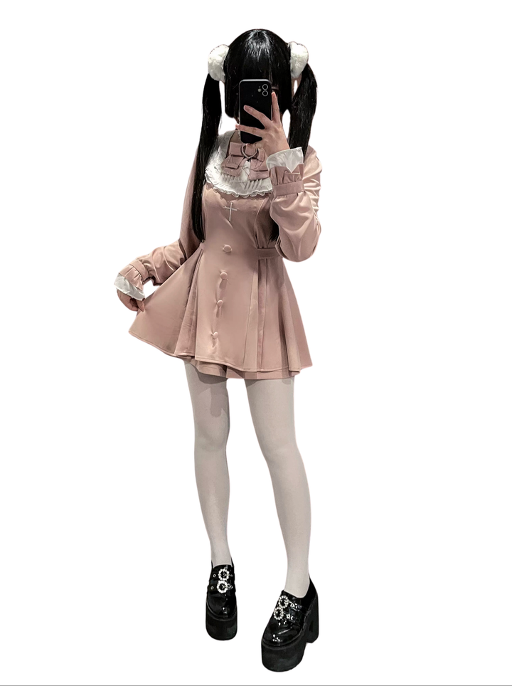 Jirai Kei Set Up Lace Embroidered Waist-cinching Dress (2XL 3XL 4XL L M S XL XS / Pink) 33722:582680