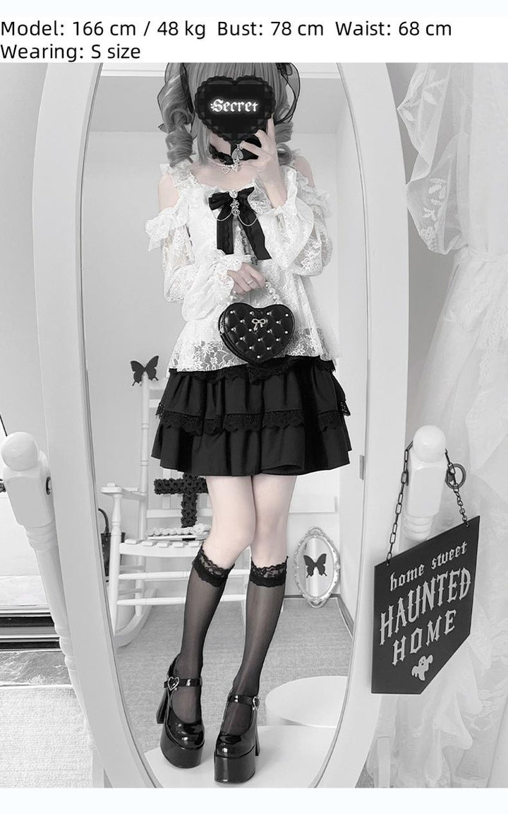 Lightweight Lace Jirai Kei Blouse With Lining & Tiered Skirt 43298:772884