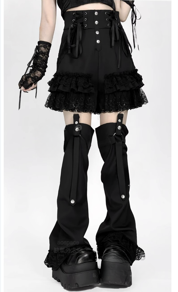 Punk Shorts Y2K Patchwork Leg Cover Tiered Lace 40638:671436