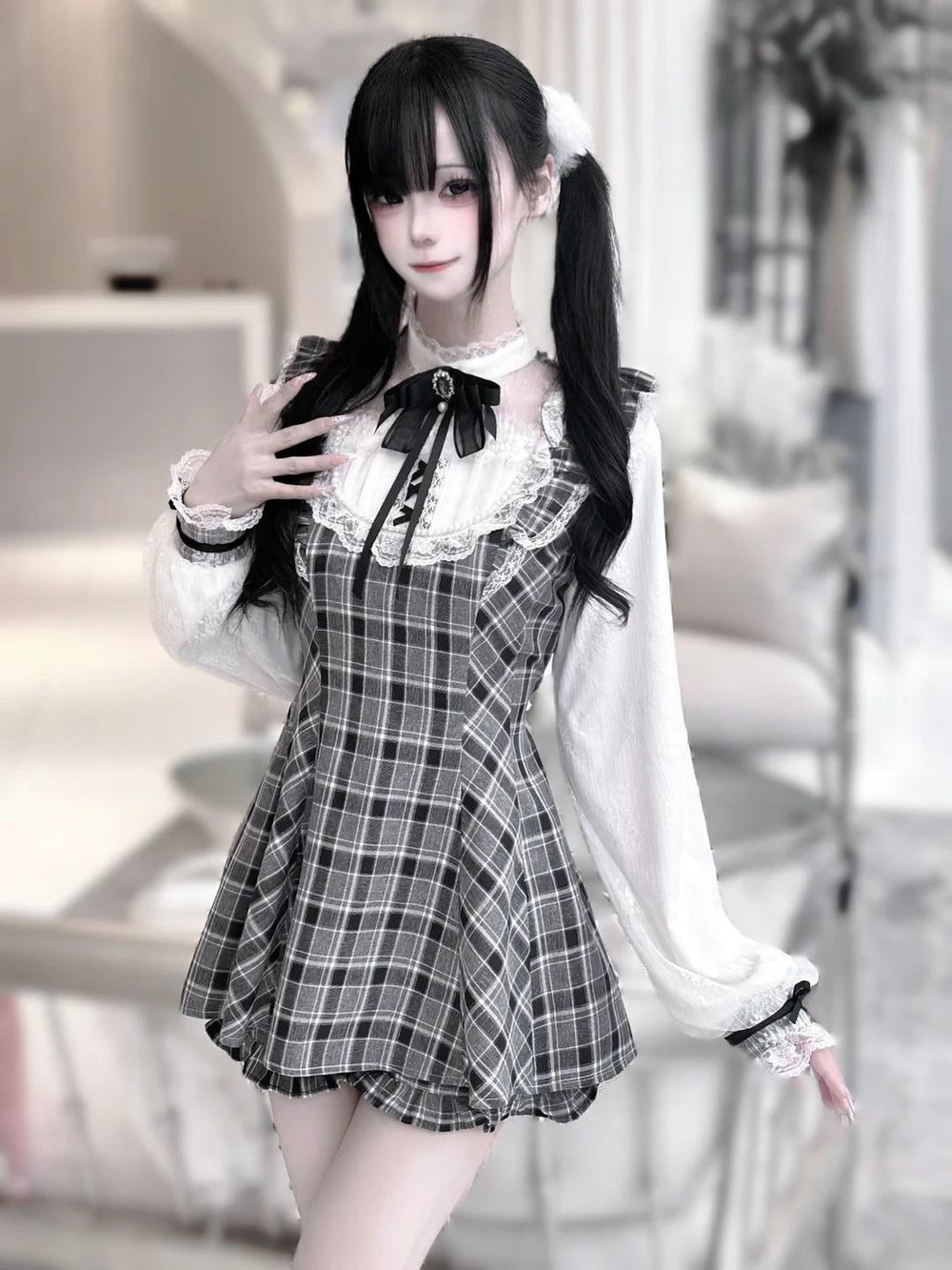 Jirai Kei Long-Sleeve Dress Set with Chest Pearls Bow Detail 42071:731422