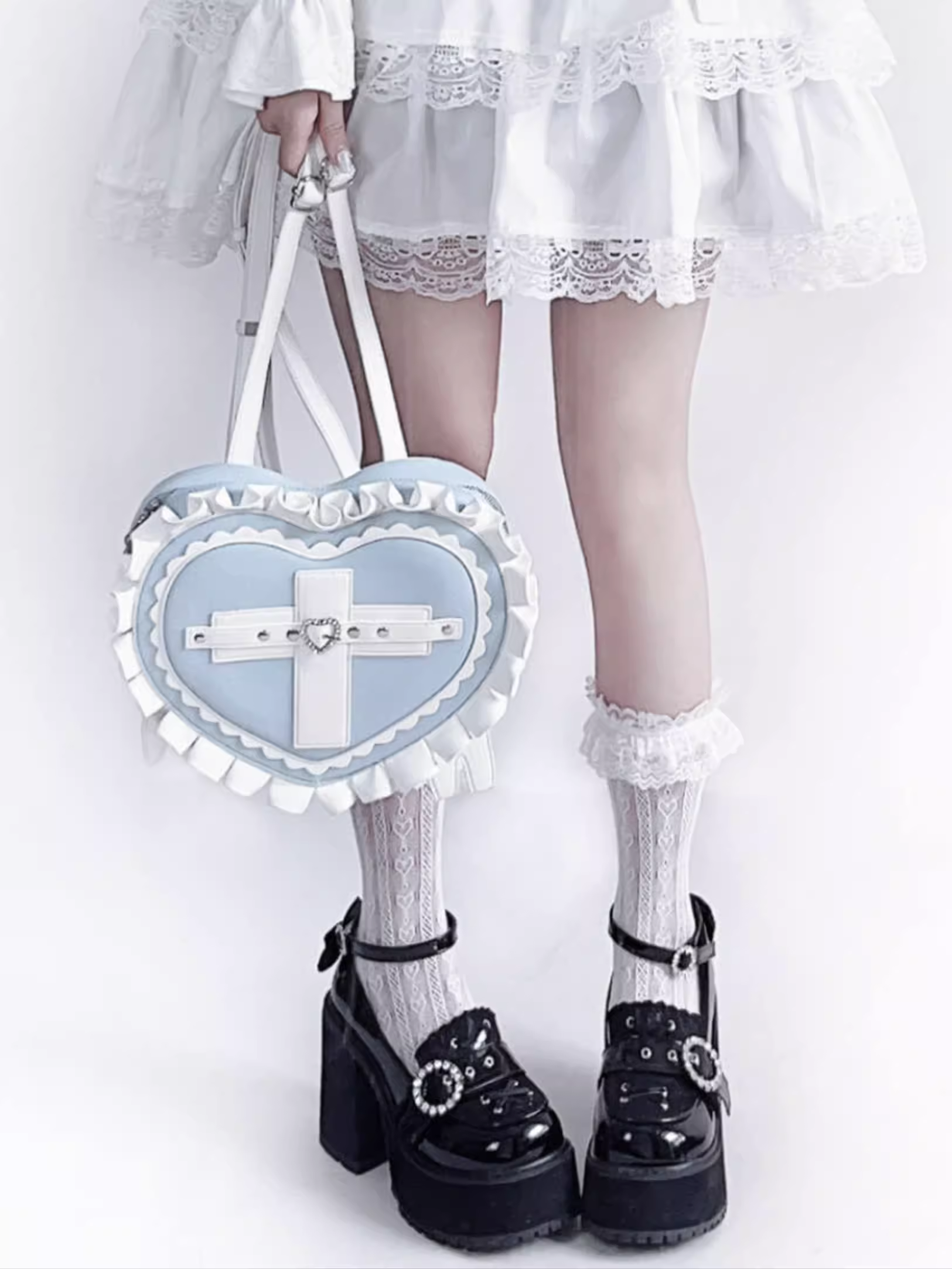 Black Heart-Shaped Backpack With Ruffle Detail – Gothic Lolita Black Heart-Shaped Backpack With Ruffle Detail – Gothic Lolita
