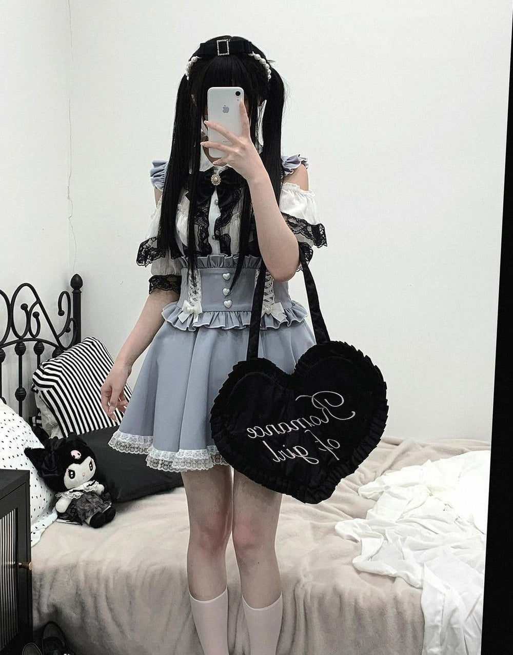 Jirai Kei Shirt Lace Double Layer Short Sleeve Open Shoulder Blouse 35374:768895