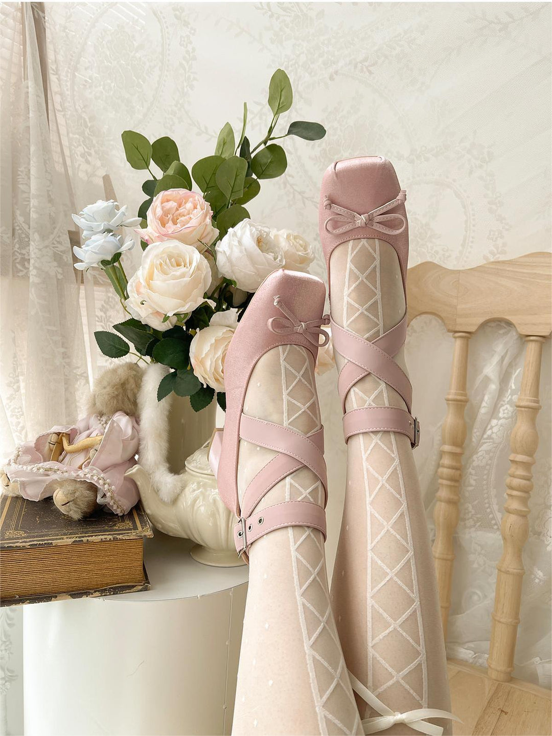 Lolita Shoes Ballet Style Square Toe Bow Heels Shoes 35592:543920