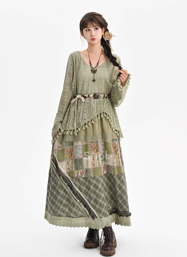 Mori Kei Outfit Set Cottagecore Top Bohemian Skirt Set 39266:632242