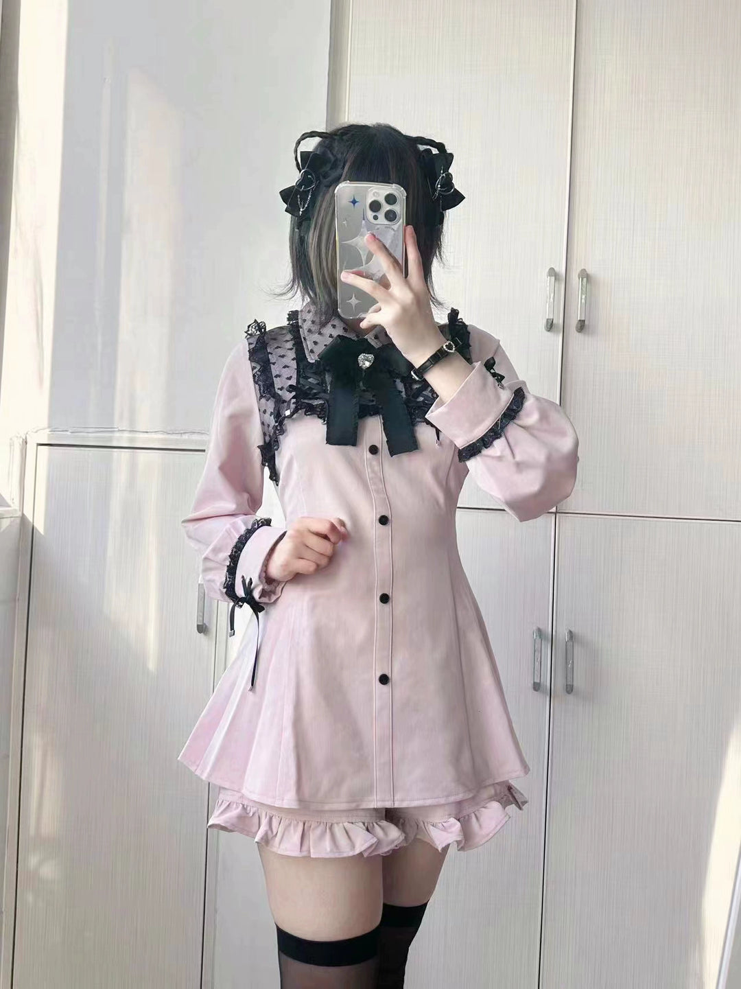 Jirai Kei Dress Set Blue Pink Lace Bow Dress And Shorts 31842:372158