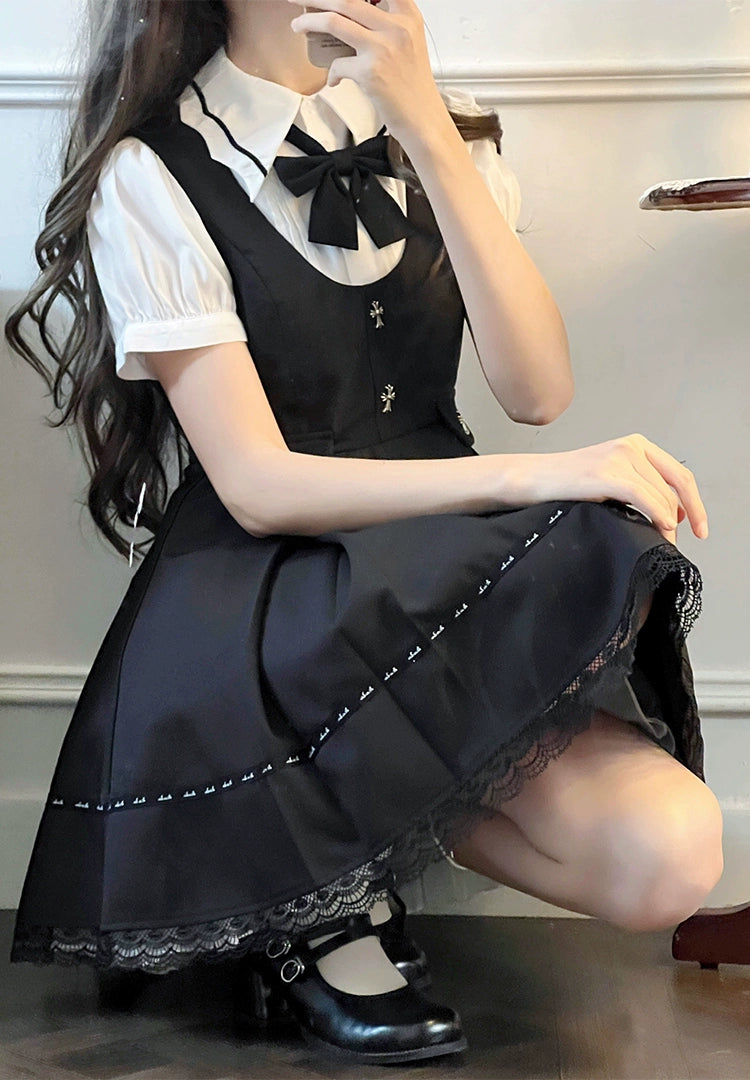 Jirai Kei Dress Black Lace Trim Overall Dress Puff Sleeves Blouse 38160:580934