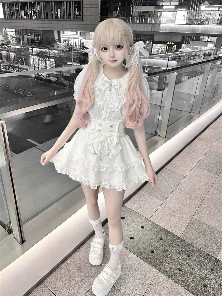 White Ryousangata Suspender Skirt, Peter Pan Collar Blouse 43475:777751