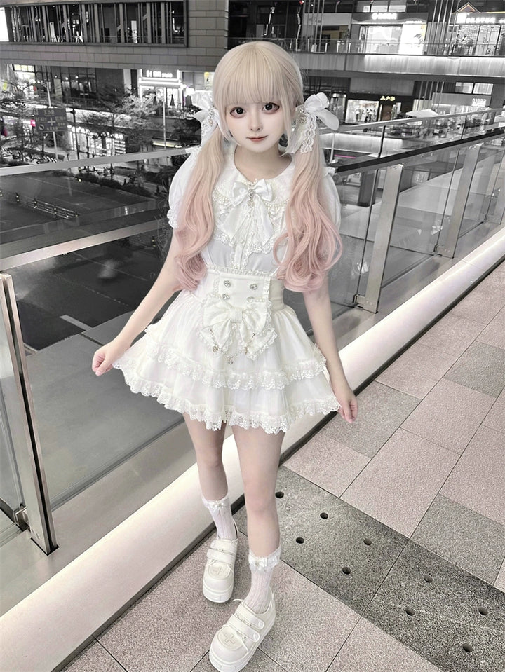White Ryousangata Suspender Skirt, Peter Pan Collar Blouse 43475:777751