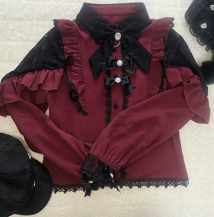 Lace Cut-Out Jirai Kei Blouse + Black Long High-Waist Lace-Up Skirt 41720:711554