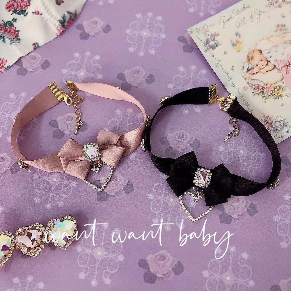 Pink Black Jirai Kei Necklace Choker With Bow And Rhinestone 21762:313078