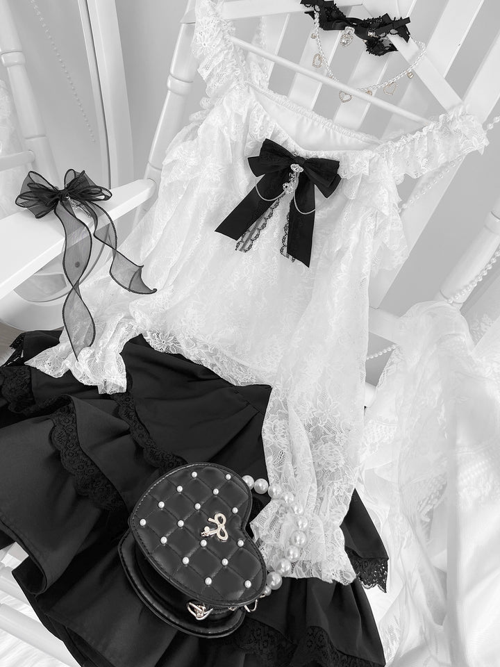 Lightweight Lace Jirai Kei Blouse With Lining & Tiered Skirt 43298:772865