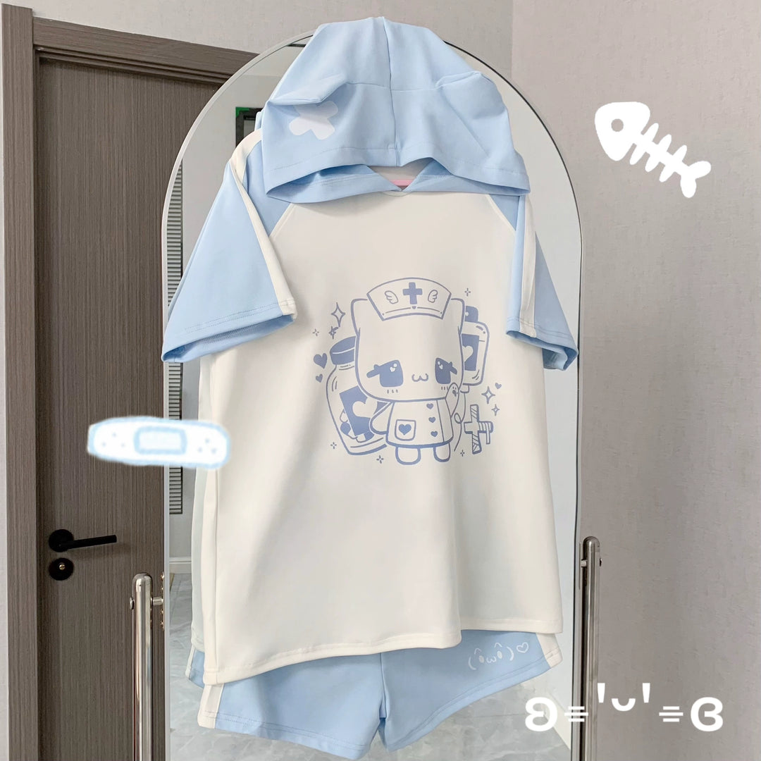Tenshi Kaiwai Medical Cat Ear Short Sleeve Shirt And Shorts (L M S / Hoodie Shorts) 38002:579580