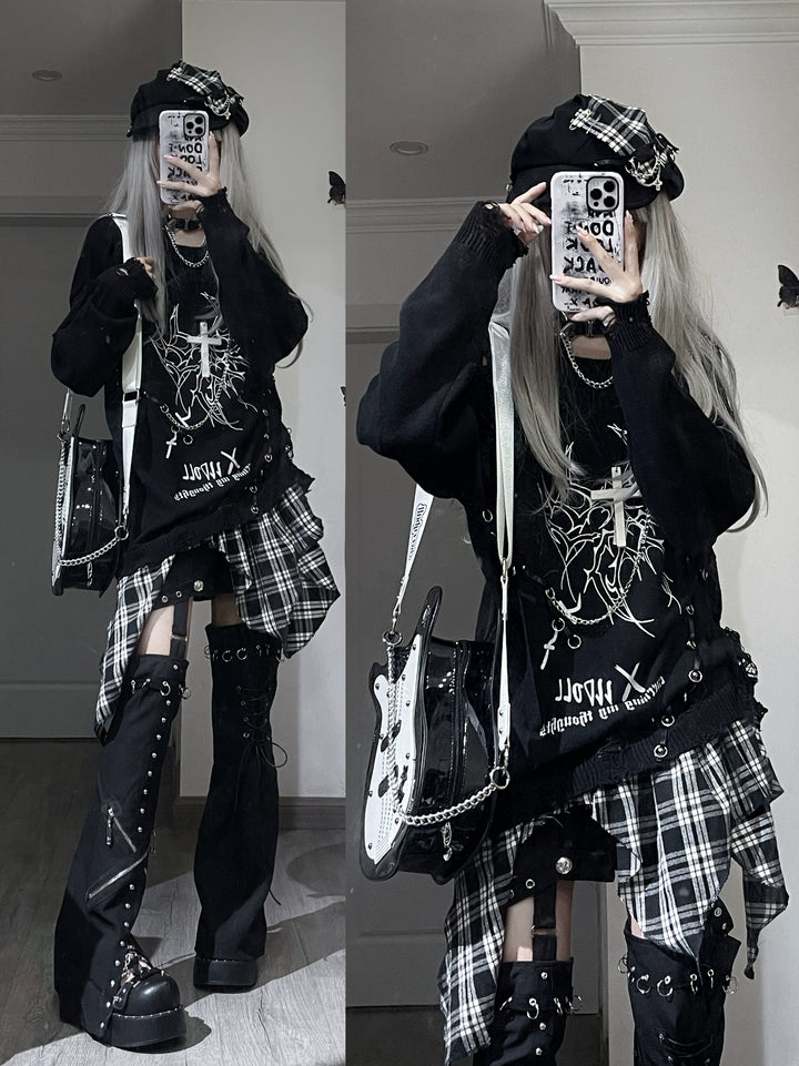 Punk Drop Shoulder Sweater with Asymmetry Shirt Hem (F) 42615:756626