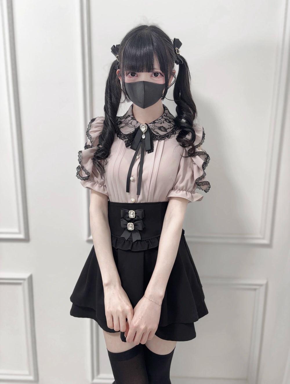 Ruffle Lace Ryousangata Blouse, Pearl Buttons & Ribbon (L M) 43103:765831