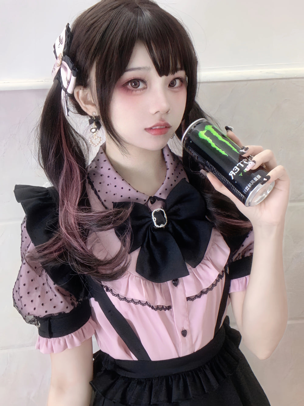 Jirai Kei Pink Blouse Black Lace Shirt Puffy Short Sleeves 21992:326156