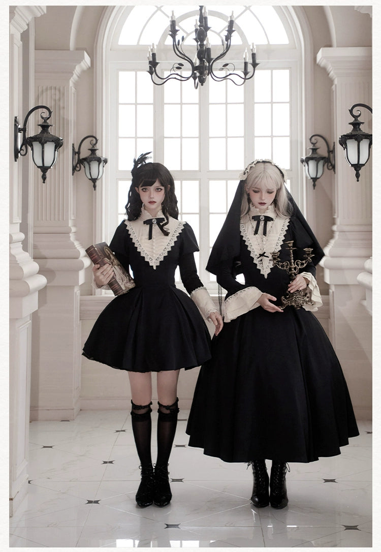 Black Nun Gothic Lolita Dress With Apron And Detachable Sleeves 39468:637544