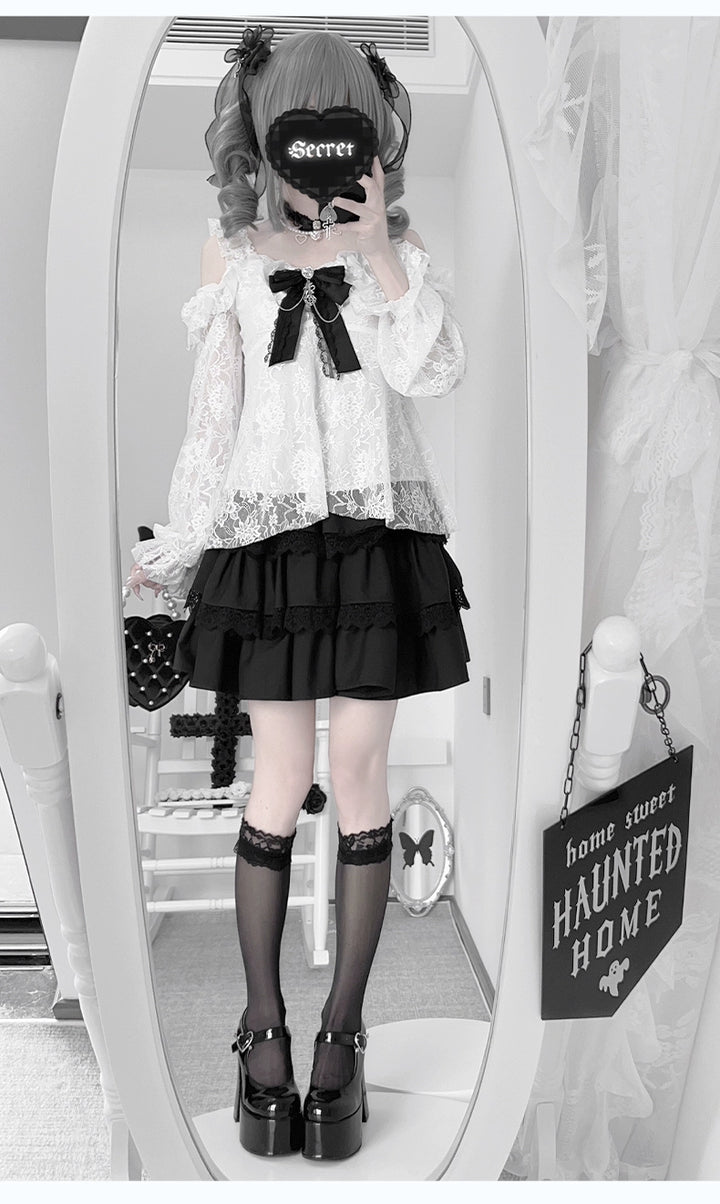 Lightweight Lace Jirai Kei Blouse With Lining & Tiered Skirt 43298:772871