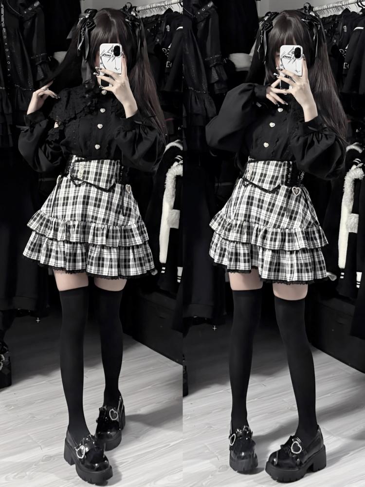 Tiered Ruffle Jirai Kei Skirt | Elastic Waistband | Square Rhinestone (L M S XL) 42559:745095