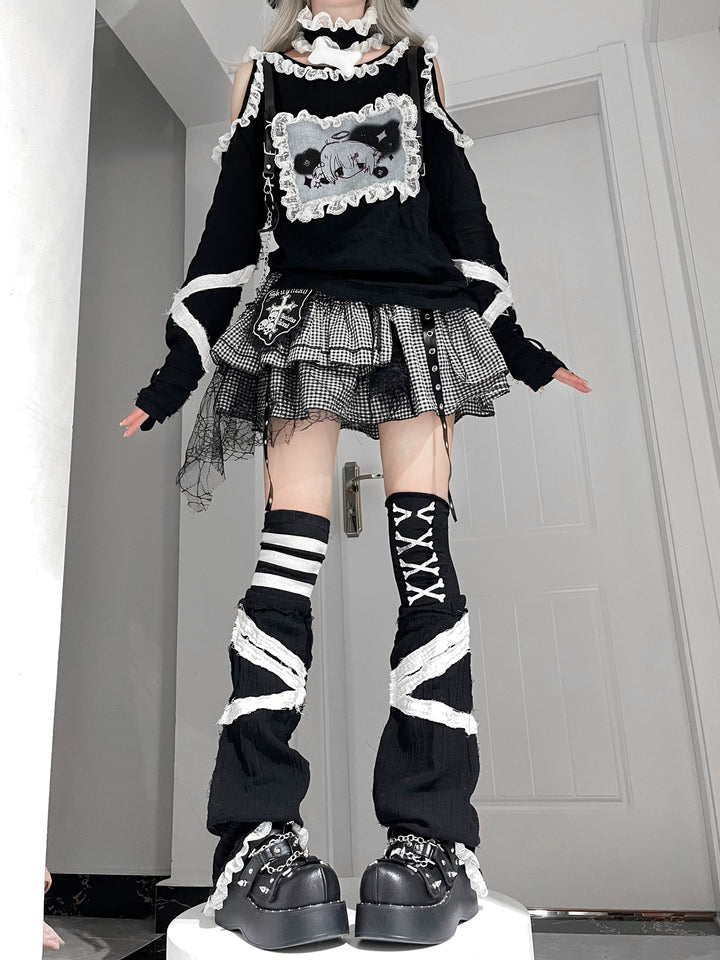 Punk Open Shoulder Blouse with Lace and Cute Print (F M S) 42616:756783