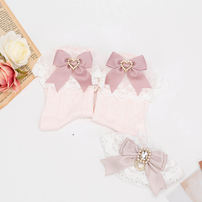 Jirai Kei Socks With Lace Trim And Heart-shaped Rhinestone (Pink) 21576:311514