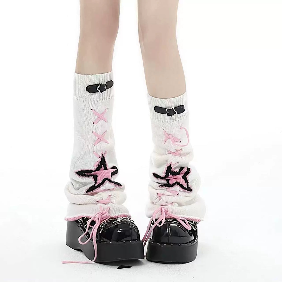 Kawaii Leg Warmmers Star Leather Buckle Socks Black White Pink 32458:423194 32458:423194