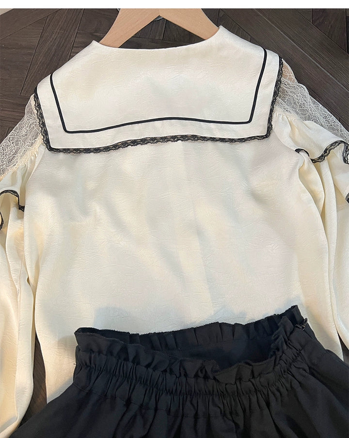 Jirai Kei Sailor Collar Blouse + Tiered Ruffles Skirt 38158:644092