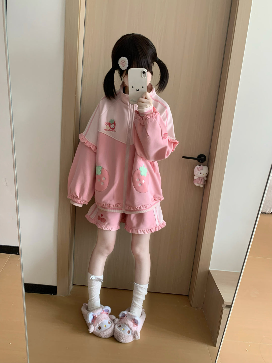 Kawaii Pink Coat and Shorts Set with Strawberry Embroidery 42703:749877