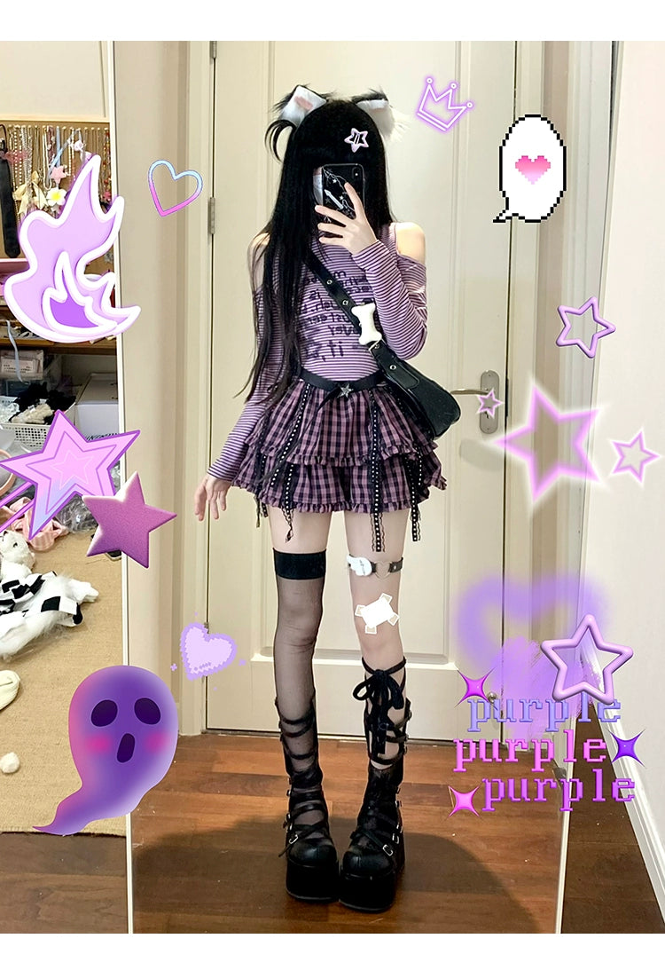 Jirai Kei Outfit Set Purple Bunny Ears Top Plaid Skirt