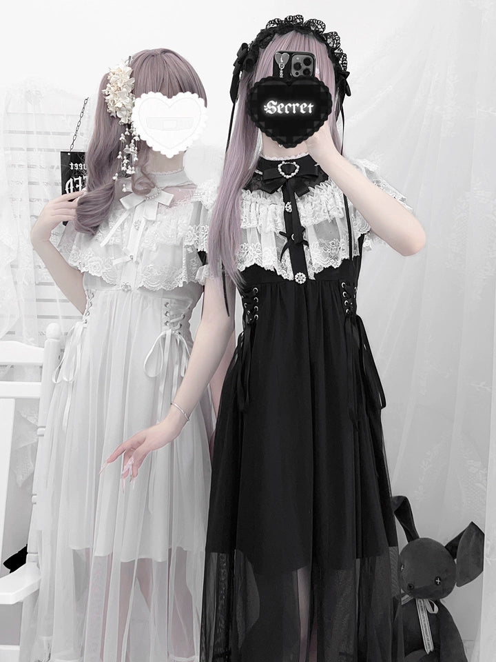 Long Jirai Kei Lace Cape Dress, Detachable Sleeves 43590:780588