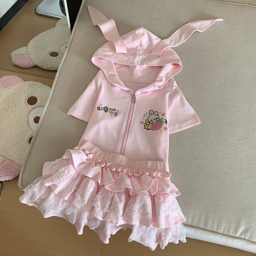 Kawaii Pink Short-sleeved Hoodie Jacket With Long Bunny Ears 42730:751092