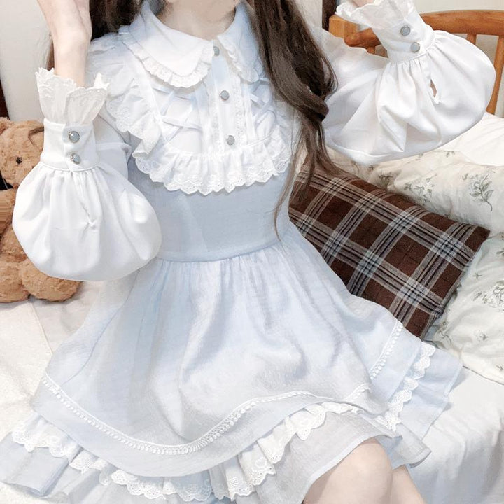 Elegant Dress Blue White Long-sleeved Dress Daily Wear 42241:733437
