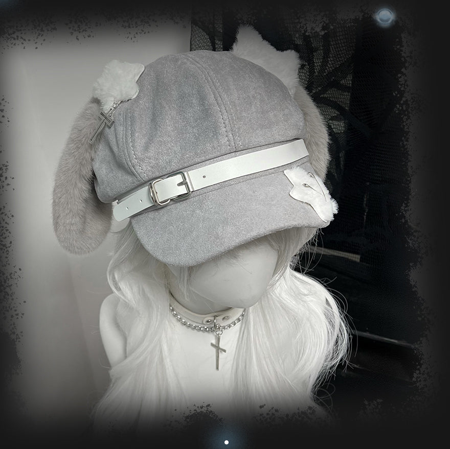 Yami Kawaii Grey Beret with Dog Ears and Bone Plush Accent 42644:747796