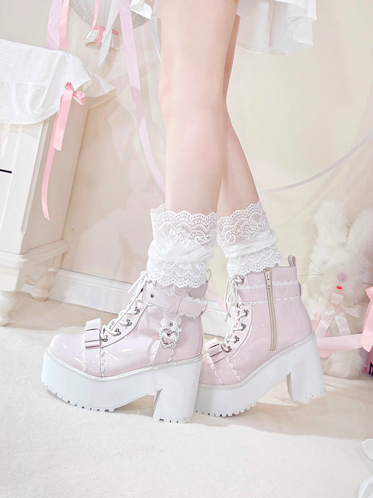 Jirai Kei Shoes Ankle Boots with Heart-shaped Pearl Buckle Detail 42651:749003