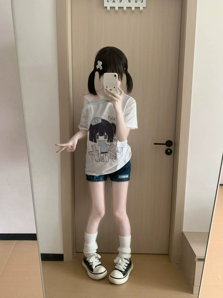 Yami Kawaii Otaku Off-Shoulder T-Shirt with Adjustable Strap 42903:757274