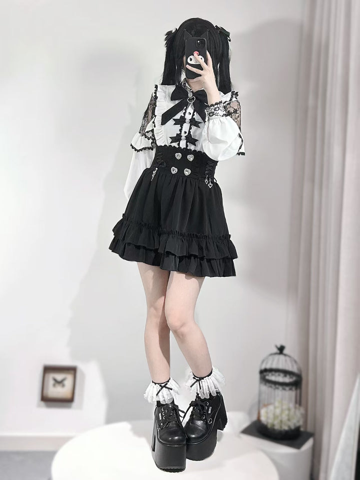 Jirai Kei White Blouse With Lace Open Shoulder And Long Sleeves 42710:750102