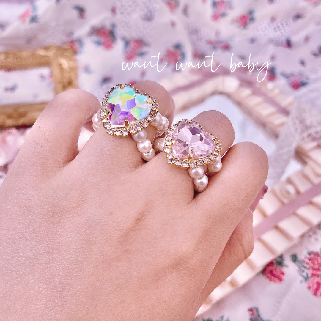 Jirai Kei Rings Shiny Rhinestone Pearl Handmade Ring 38882:613268