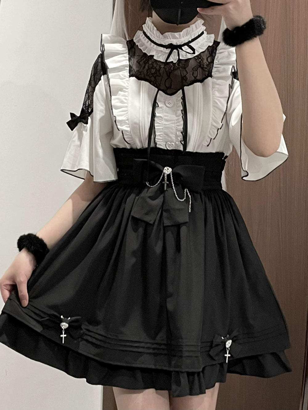 Lace Shoulder Jirai Kei Blouse + High Waist Skirt, Cross Pendant (2XL 3XL L M S XL XS) 35596:538224