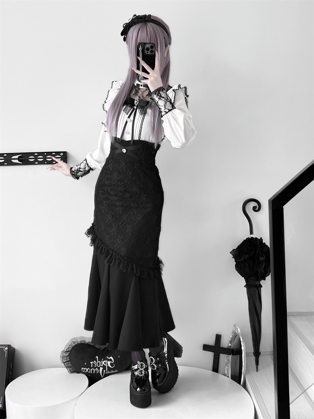 Elegant Long Jirai Kei Mermaid Skirt And Lace Tulle Blouse (2XL L M S XL) 42647:747865
