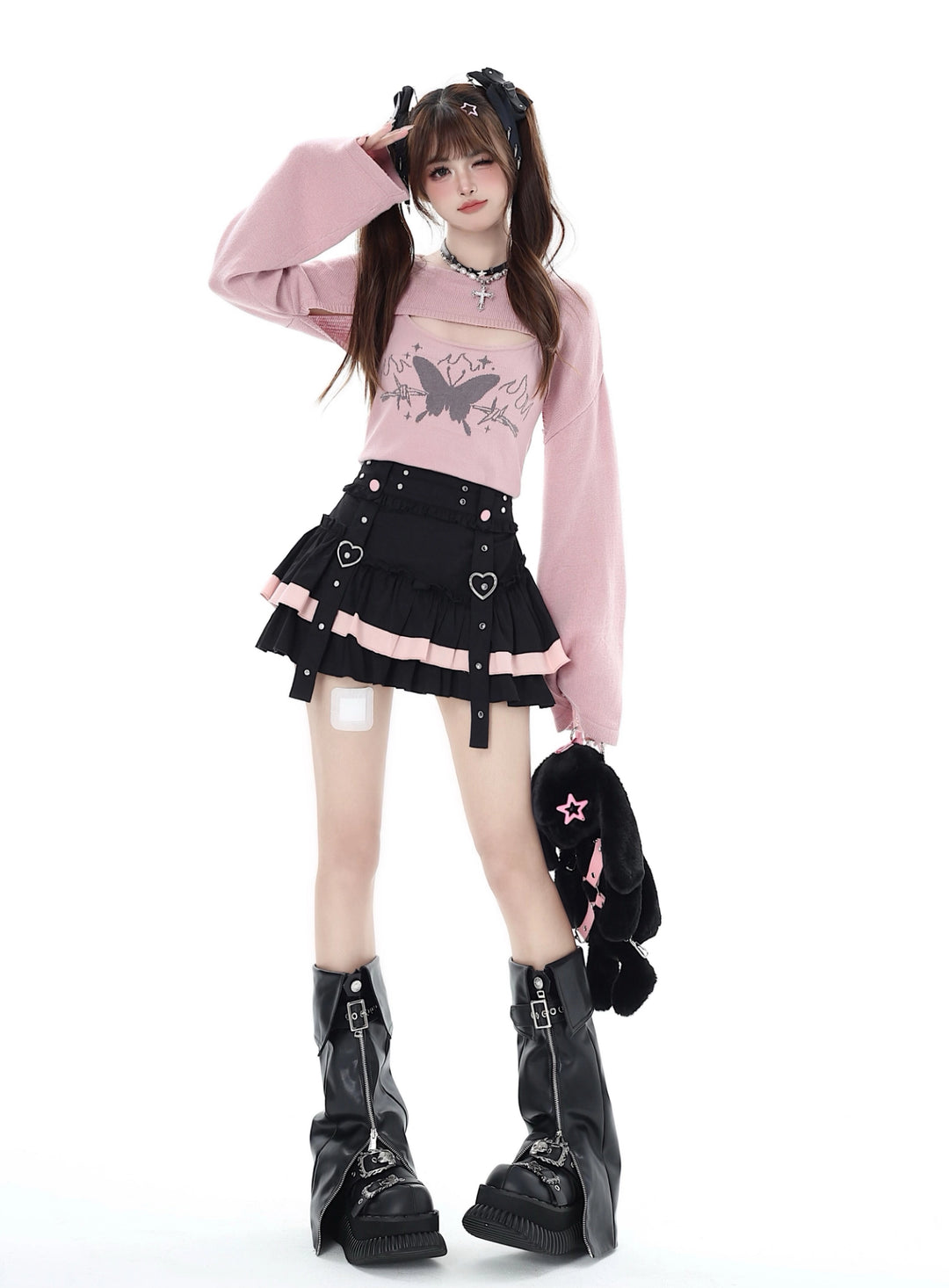 Gyaru Fashion Skirt Black Double-hem Skirt Heart Buckle Skirt 35792:577828