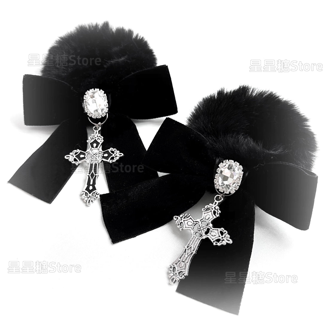 Jirai Kei Black Fluffy Hair Tie, Rhinestone and Cross 43870:791320