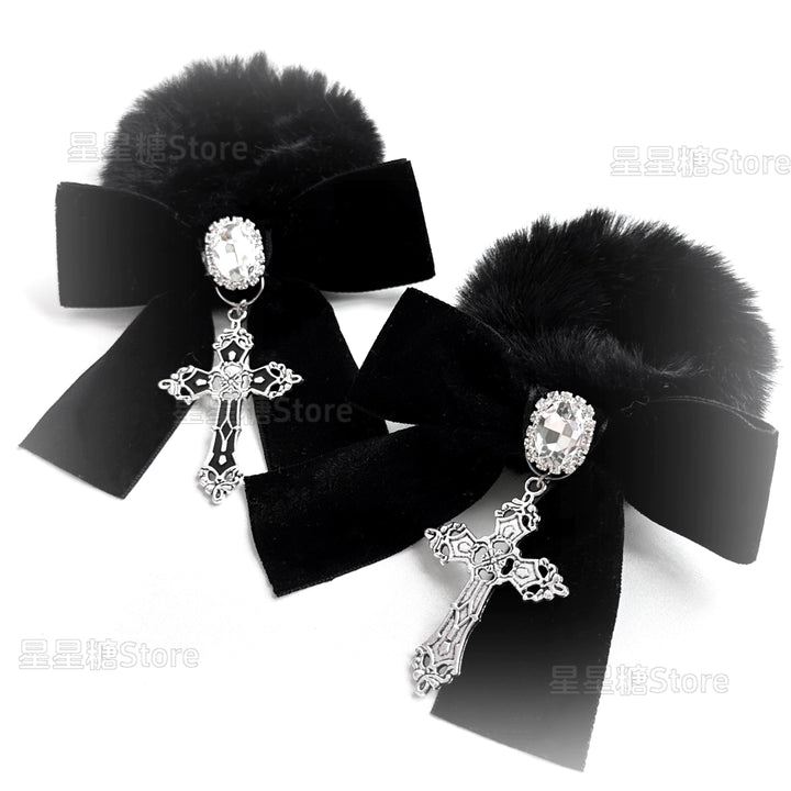 Jirai Kei Black Fluffy Hair Tie, Rhinestone and Cross 43870:791320