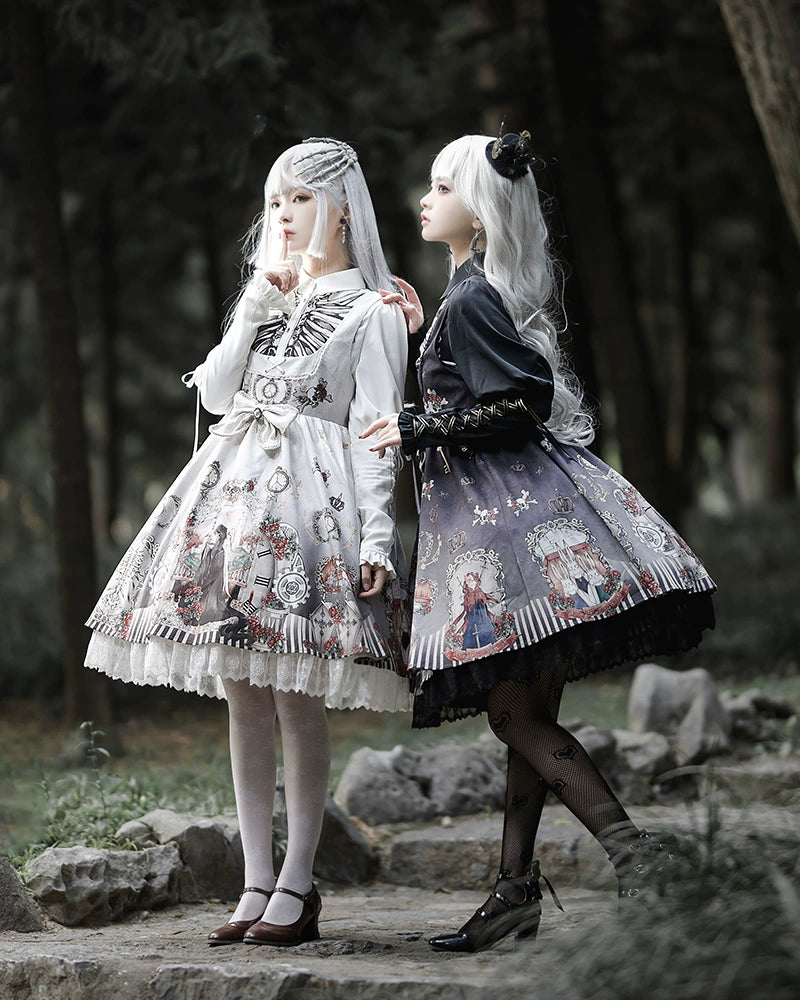 Gothic Lolita Dress Set Black White Lolita Blouse Dress Set Black dress+detachable bow / M Gothic Lolita Dress Set Black White Lolita Blouse Dress Set Black dress+detachable bow / M