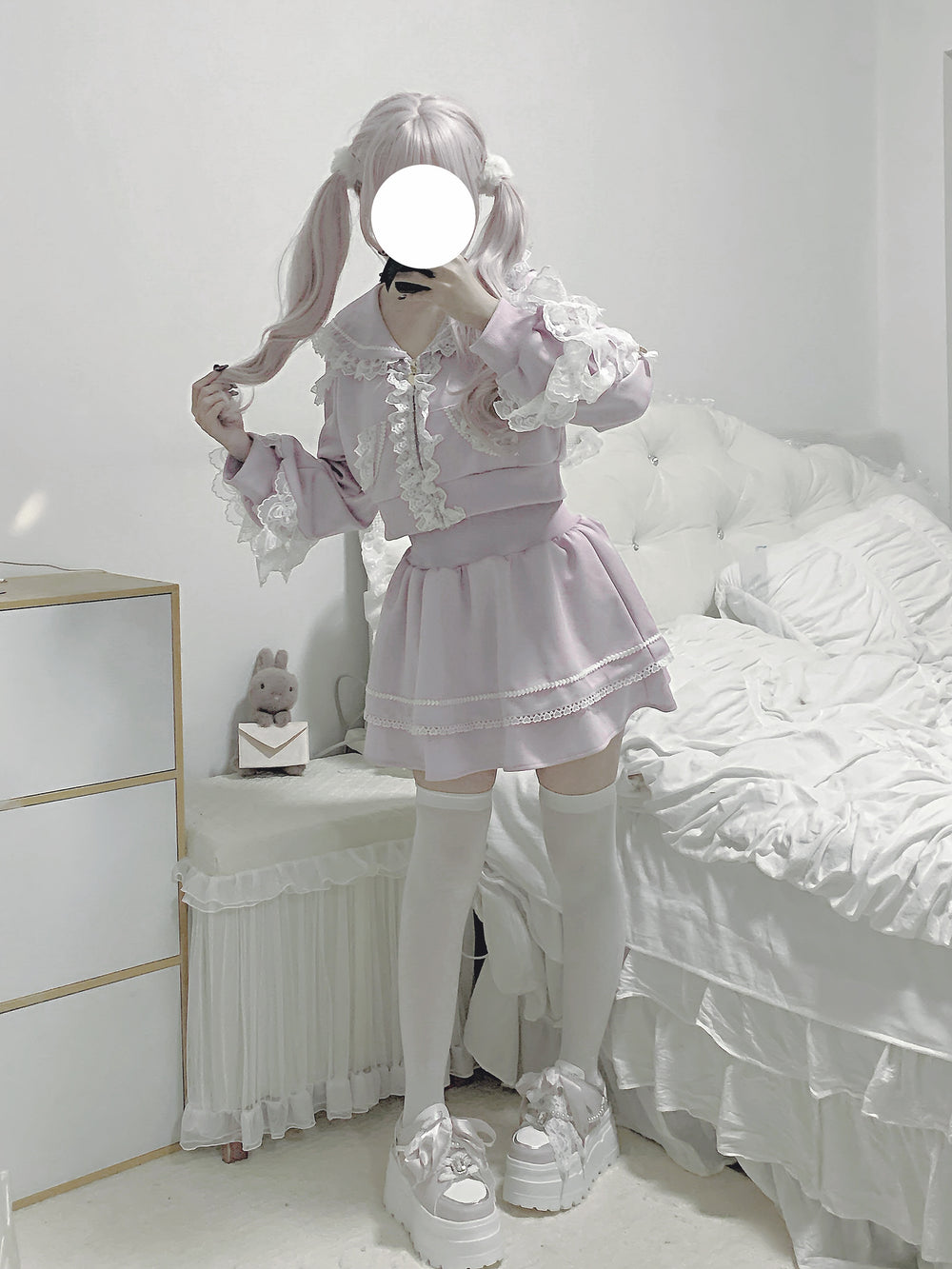 Jirai Kei Sport Outfit Ruffle Lace Jacket | Full Ribbed Waist Skirt 42570:746557