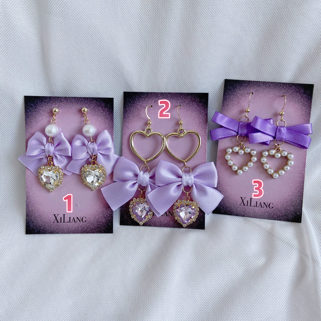 Purple Jirai Kei Earrings with Ribbon Bow Rhinestone & Pearl Detail 41730:712146