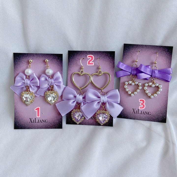 Purple Jirai Kei Earrings with Ribbon Bow Rhinestone & Pearl Detail 41730:712146