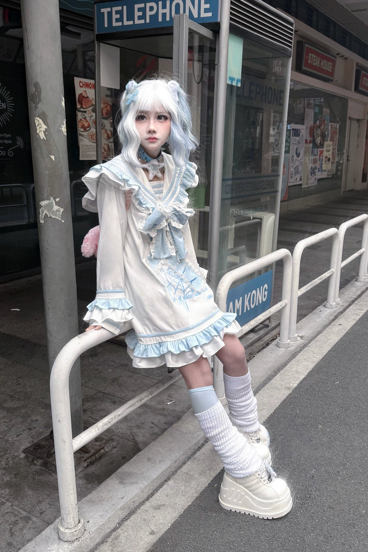 Yami Kawaii Blue White Dress with Sailor Collar & Cross Spiderweb Print 42855:755576