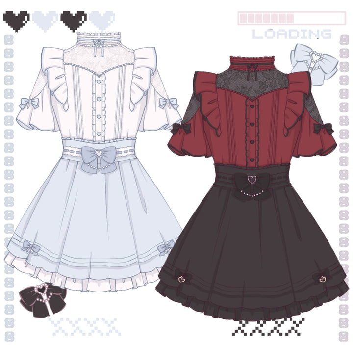 Lace Shoulder Jirai Kei Blouse + High Waist Skirt, Cross Pendant (2XL 3XL L M S XL XS) 35596:538214