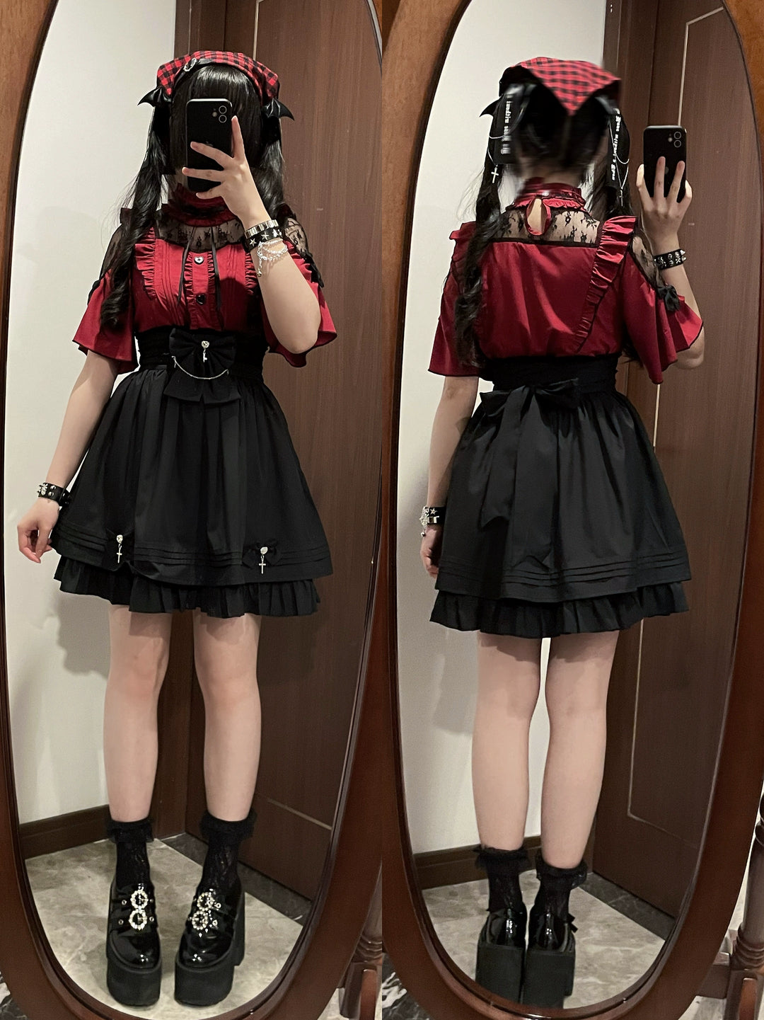 Lace Shoulder Jirai Kei Blouse + High Waist Skirt, Cross Pendant (2XL 3XL L M S XL XS) 35596:538220
