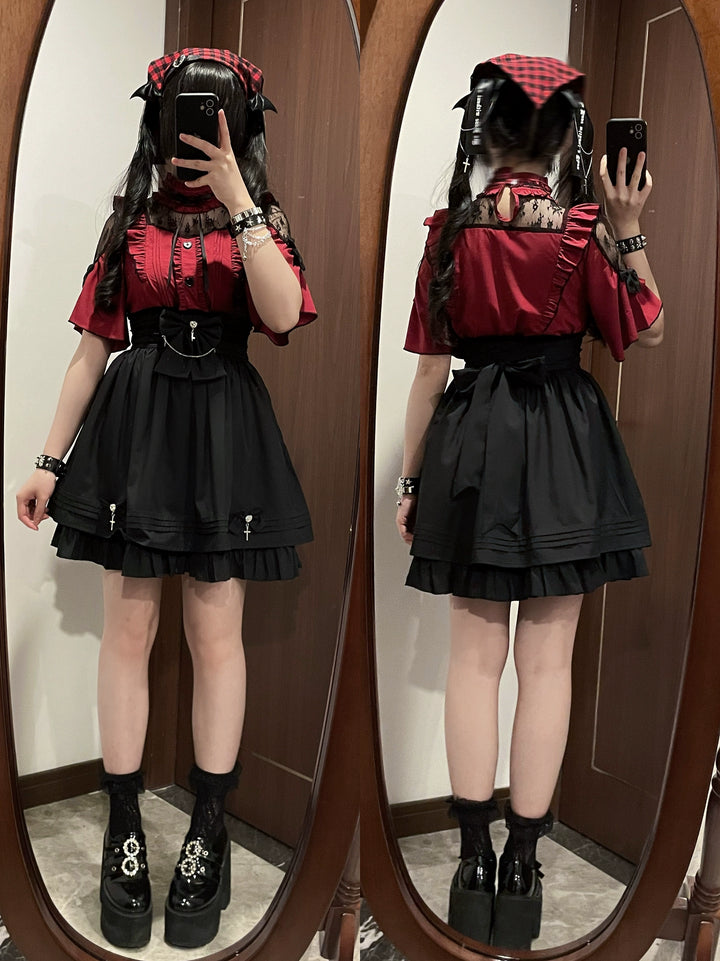 Lace Shoulder Jirai Kei Blouse + High Waist Skirt, Cross Pendant (2XL 3XL L M S XL XS) 35596:538220