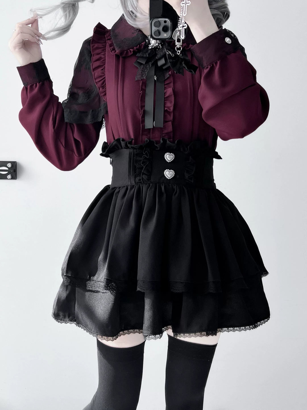 Jirai Kei Skirt Set Long Sleeve Lace Blouse And Skirt Set (L M S XL) 41034:685836